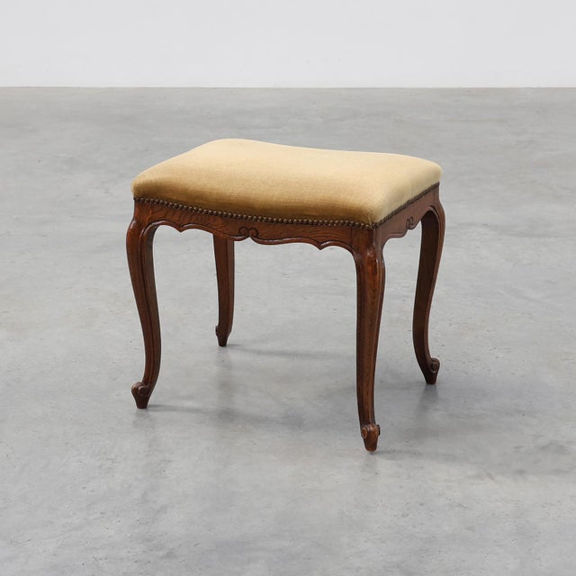 Louis XV Style Walnut Stool with Cabriole Legs and Velvet Seat, France, 1950s For Sale - Image 12 of 12