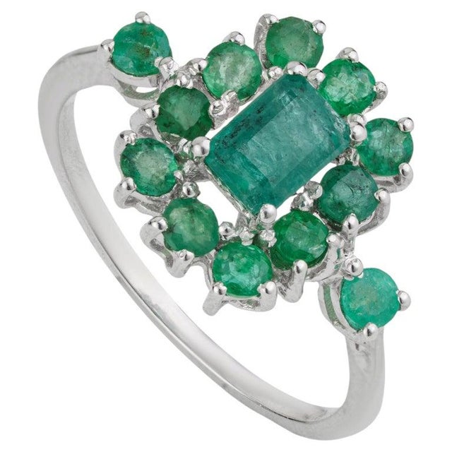 Vintage Style Emerald and Diamond Cluster Ring in Silver, Size 8.5 For Sale - Image 10 of 14
