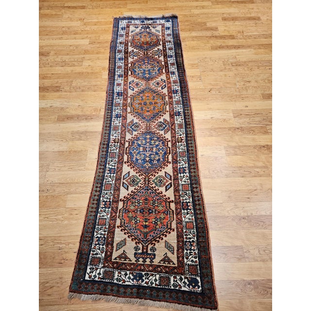 Antique Persian Serab Runner, Handwoven Wool, Geometric Pattern, Ivory & Blue, 3’ X 11’ For Sale - Image 11 of 12