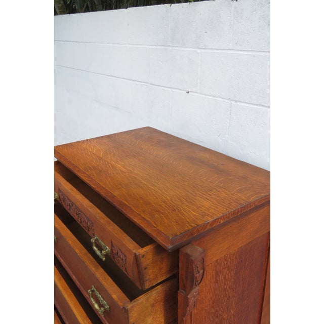 Late 1800s Carved Tiger Oak Tall Chest of Drawers With Working Key For Sale - Image 9 of 11