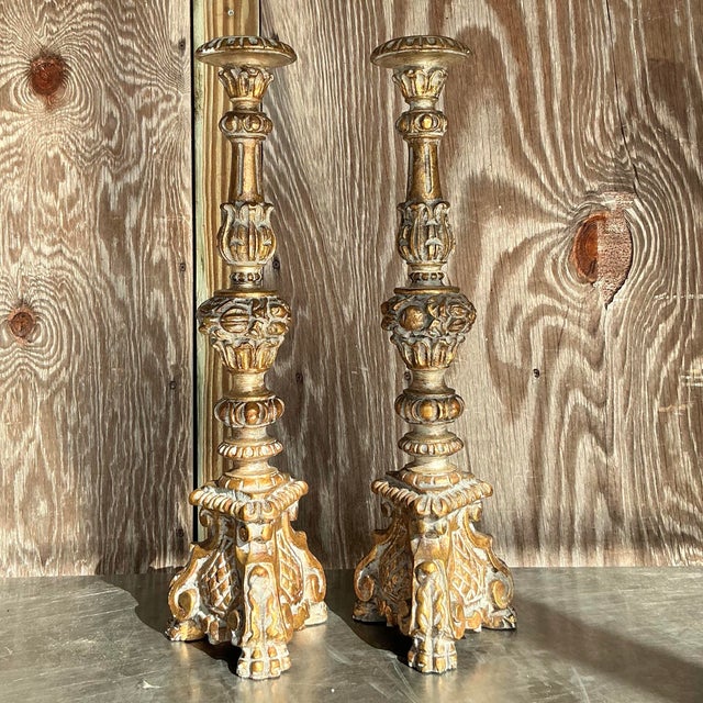 Late 20th Century Vintage Boho Carved Pricket Candlesticks - a Pair For Sale - Image 5 of 5