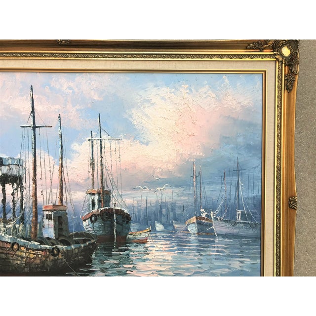 Vintage Signed & Framed W. Haywood Painting on Canvas, Boats and Old Boathouse For Sale - Image 4 of 10