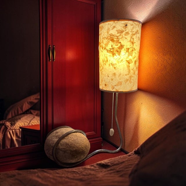Vintage Mid-Century Modern Sculptural Natural Stone & Wrought Iron Table Lamp With Fibrous Shade For Sale - Image 9 of 10