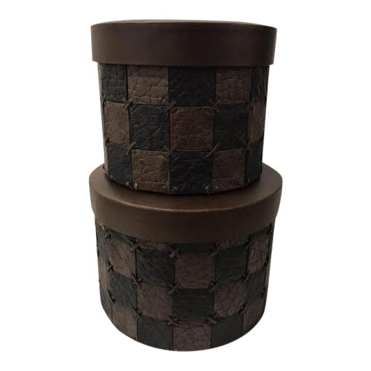 Folk Art Palecek Checkered Leather Like Stacking Boxes Set Of 2