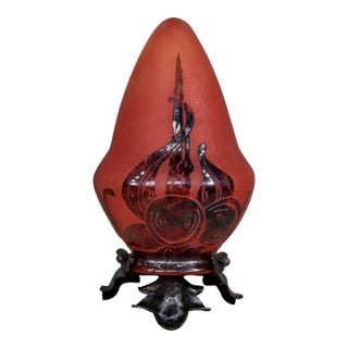 Schneider Le Verre Francais Les Prunes Table Night Lamp 1920s - Wrought Iron & Burgundy Cameo Glass For Sale