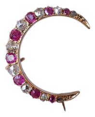 Antique Victorian 18 Karat Gold Crescent Brooch with Ruby and Diamond, 1880s