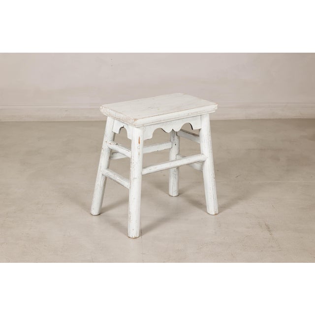Vintage Chinese Rustic Country Style White Painted Wooden Stool For Sale - Image 16 of 16