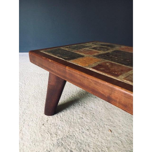 Brown Brutalist Rustic Slate Tile & Oak Coffee Table, Belgium, 1960s For Sale - Image 8 of 18