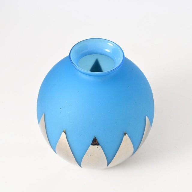 Spherical Blue Frosted Glass Vase with Silver Mirror Decoration, 1940s For Sale - Image 4 of 8