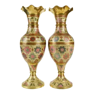 Mid 20th Century Vintage Hand Crafted Solid Brass Kashmiri Floral Enamel Motif Vase With Raffle Edges- a Pair