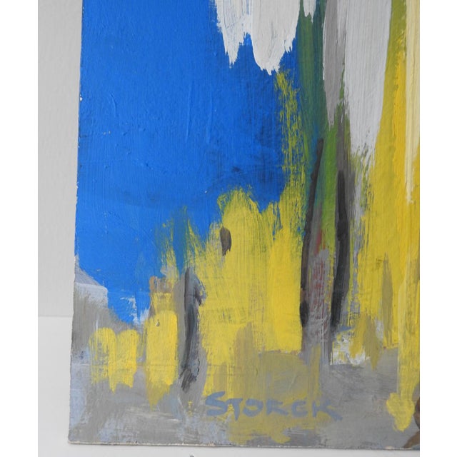 Mid 20th century gouache on artist board abstract landscape in blue and yellow by J. Alvin Storck (20th century) Illinois....