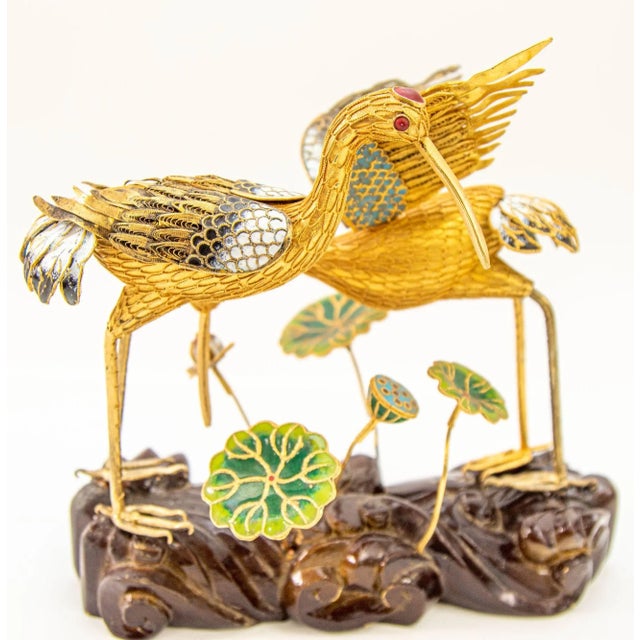 Vintage Chinese Metal Gilt Filigree and Enamel Cranes Figures on Wooden Stand For Sale - Image 10 of 12