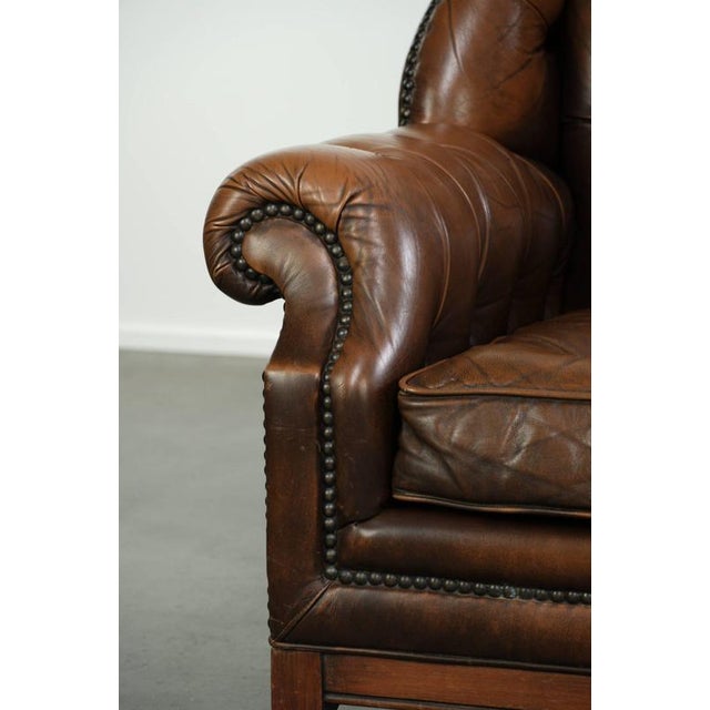 Vintage English Cowhide Chesterfield Wing Armchair For Sale - Image 10 of 13