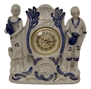 Vintage Porcelain Figure Quartz Fireplace Clock, 1940s