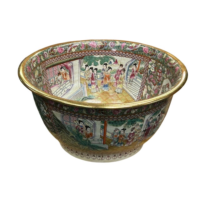 White Vintage Chinese Famille Rose People House Graphic Large Porcelain Bowl Pot For Sale - Image 8 of 12
