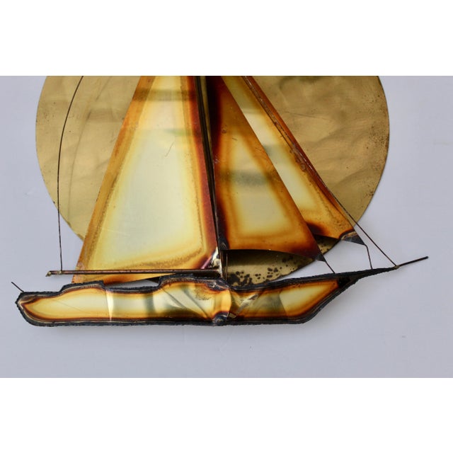 Curtis Jere Curtis Jere Style Vintage Mid Century Brass Sun Flying Birds Sailing Boat Wall Decoration Sculpture For Sale - Image 4 of 9