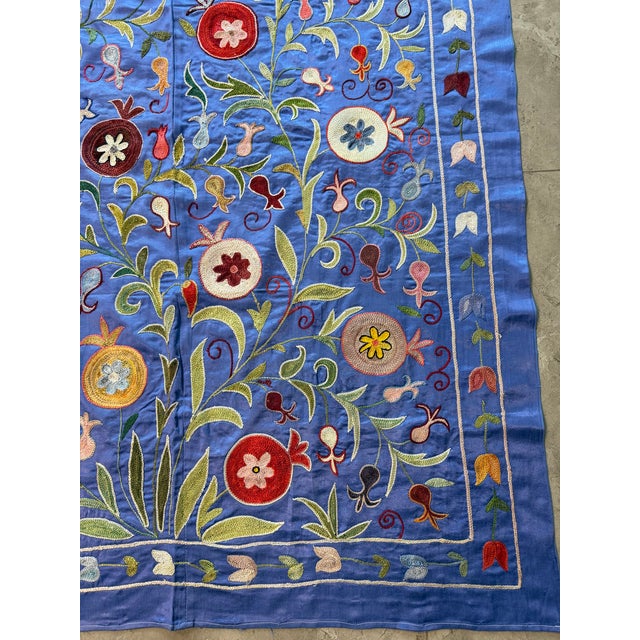 Mid-Century Modern Blue Silk Suzani Wall Hanging With Floral Rosettes For Sale - Image 3 of 10