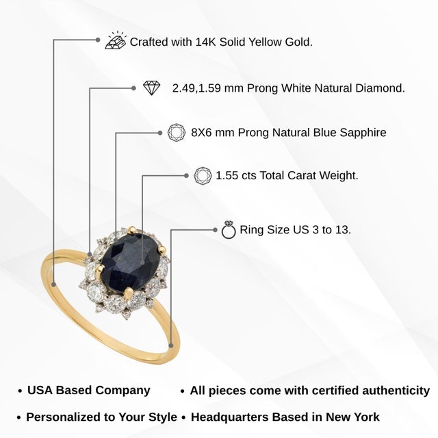 VRJewels 1.55ct Blue Sapphire Diamond Halo Ring Size 8 in 14k Yellow Gold For Sale - Image 13 of 17