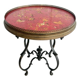Antique Chinoiserie Red Lacquer Tray-Top Table I Ornate Cast Iron Base Coffee/Tea Table I Vintage English/French Accent Round Table I Circa 1880-1910 For Sale