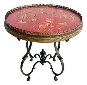 Antique Chinoiserie Red Lacquer Tray-Top Table I Ornate Cast Iron Base Coffee/Tea Table I Vintage English/French Accent Round Table I Circa 1880-1910