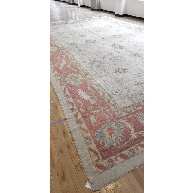 Turkish Oushak Carpet, 1950s, Handmade Oriental Rug, Beige, Taupe, Coral For Sale - Image 13 of 18