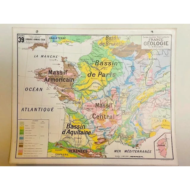 Large geography map of school representing geological France. By Vidal-Lablache, 1960s. This piece has an attribution...