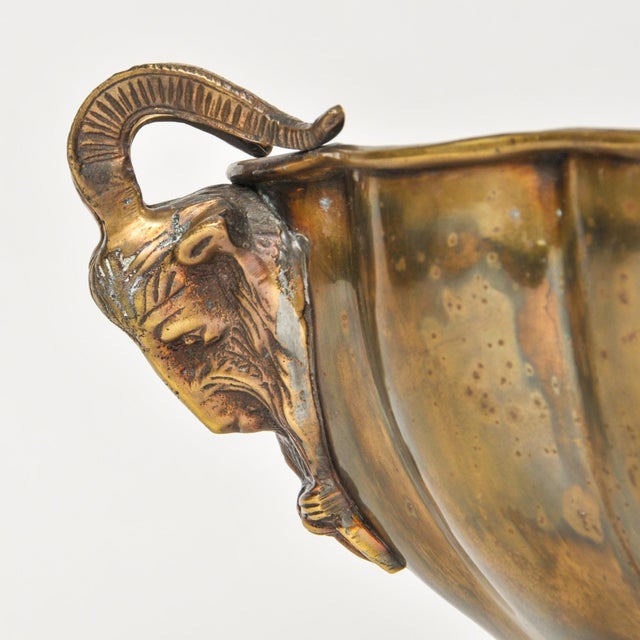 Brass Vintage Brass Ram Head Footed Bowl Centerpiece Jardiniere Cache Pot Hollywood Regency Decor For Sale - Image 8 of 12