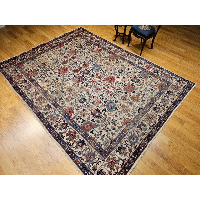 1900 - 1909 Vintage Persian Tabriz Rug, Hand-Knotted Wool, Allover Geometric Pattern, Ivory & Blue, 8x10 For Sale - Image 5 of 18