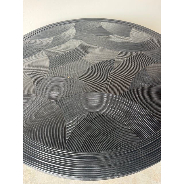 1970s Gabriella Crespi–Style Black Painted Pencil Reed Rattan Round Dining Table With Brass Base For Sale - Image 9 of 12