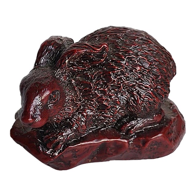 Mid 20th Century Red Boxwood Japanese Netsuke Rabbit For Sale