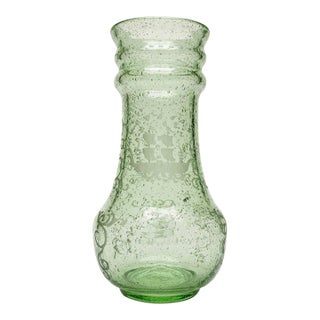 Verrerie De Biot Vintage Hand-Blown Biot France Seeded Bubble Glass Vase With Etched Ship For Sale