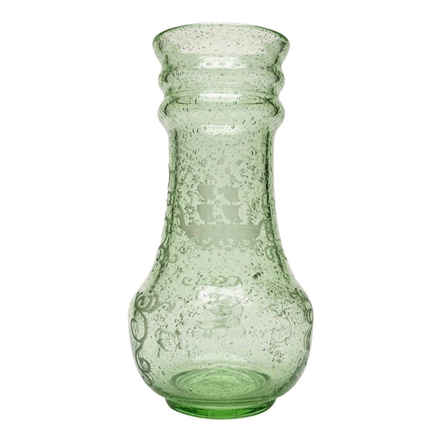 Verrerie De Biot Vintage Hand-Blown Biot France Seeded Bubble Glass Vase With Etched Ship For Sale