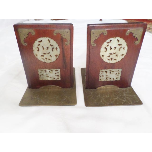 Antique Chinese Teak & Brass and White Jade/ Hardstone Inserts Bookends- a Pair For Sale - Image 10 of 10
