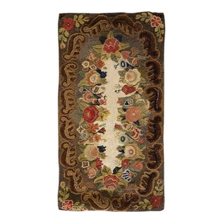 1890s Brown Roses Folk Art Antique American Hooked Rug 1'8" X 3'4" Knotted Wool Carpet For Sale