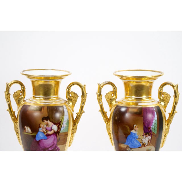 Ceramic Pair 19th Century Paris Porcelain Vases With Gilt / Hand-Painted Decorations For Sale - Image 7 of 12