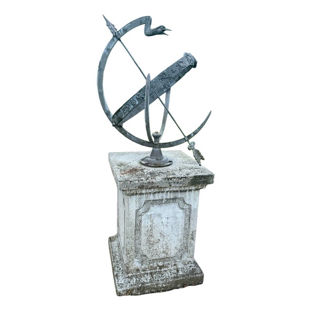 Large Antique Armillary Sundial on Classic Stone Pedestal, 1950s For Sale