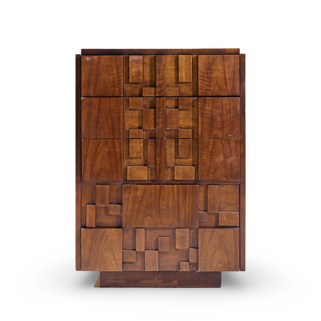 Lane Staccato Brutalist Mid Century Walnut Highboy Dresser This highboy measures: 38 wide x 19 deep x 54 inches high Fair...