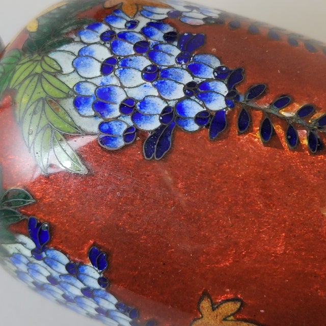 Pair of Japanese Ginbari Cloisonné Vases With Wisteria & Floral Motifs For Sale - Image 9 of 10