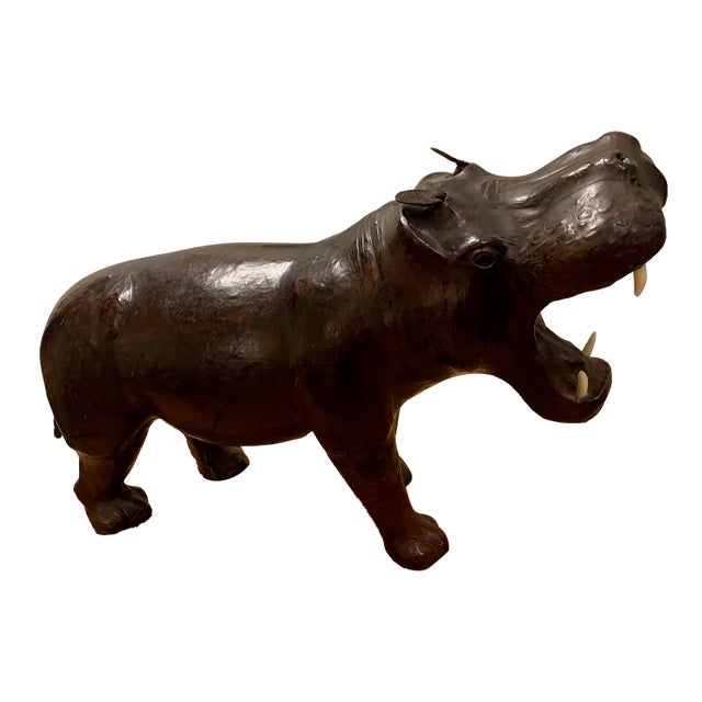 Early 20th Century French Carved Patinated Leather Hippo Sculpture For Sale