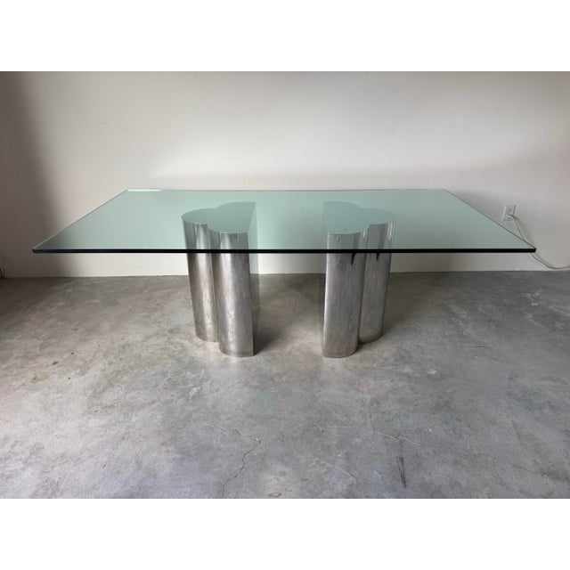 1970’s Curtis Jere–Style Trefoil / Clover Pedestal Base Dining Table With Glass Top For Sale - Image 9 of 12