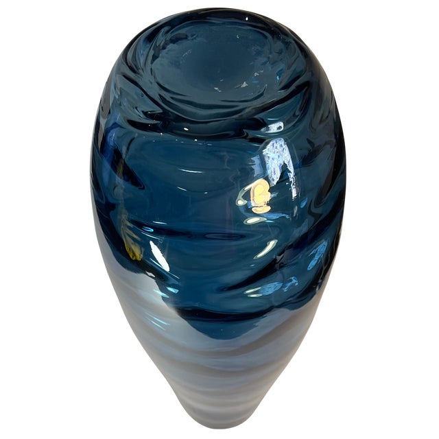 Blue 14+ In, Tall Art Glass Wavy Pattern Blue Vase For Sale - Image 8 of 12