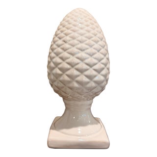 Vintage White Glazed Ceramic Pine Cone Finial Sculpture on Pedestal Base For Sale