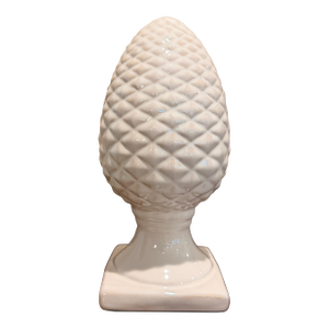 Vintage White Glazed Ceramic Pine Cone Finial Sculpture on Pedestal Base