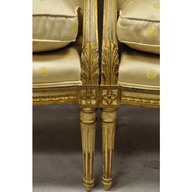 Early 20th Century French Louis XVI Neoclassical Gold Silk Fauteuil Parcel Gilt Armchairs - A Pair For Sale - Image 11 of 12