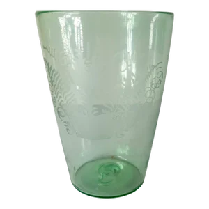 19th Century Hand Blown and Etched Glass Beaker Vase With Flowers