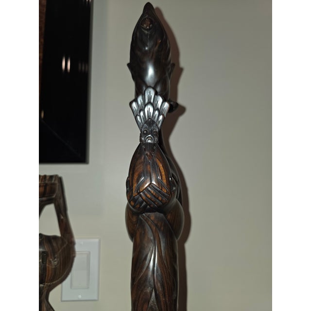 Wood Monumental Mid-Century Balinese Art Deco Elongated Maiden Hardwood Sculpture For Sale - Image 7 of 12