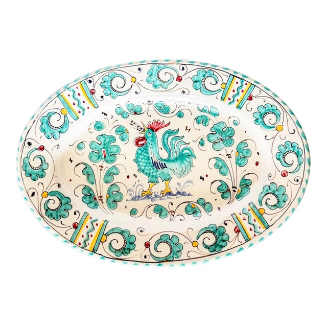 Late 20th Century Orvieto Green Rooster Small Oval Platter For Sale