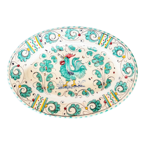 Late 20th Century Orvieto Green Rooster Small Oval Platter