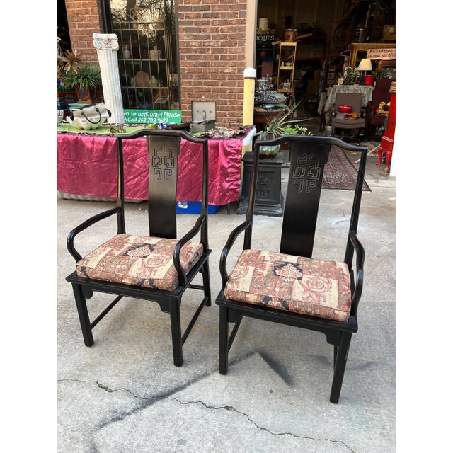 Wood 1970s Pair of Black Painted Cushioned Kings Dining Asian Ming Chairs For Sale - Image 7 of 8