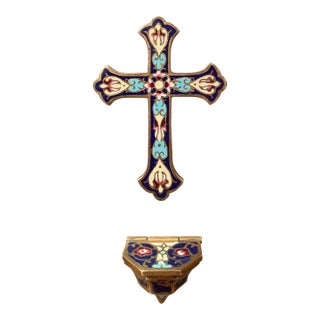 19th Century French Brass & Champleve Cross With Holy Water Font on Green Marble For Sale